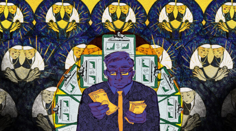 An illustration that shows a wall of stained glass Catholic nuns, in bright blues and yellows. In front of them is a man counting paper money. He casts a shadow that blocks out the colorful nuns behind him. Geometric clip boards radiate outward from behind the man's head and body. The clip boards show profit increases.